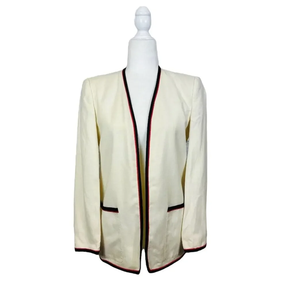 Vintage Christian Dior Linen Blend Jacket Size 6 Cream Black Red Classic Prep